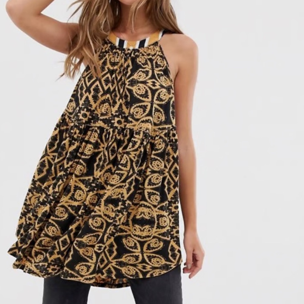 FREE PEOPLE Mimi Halter Top Tunic Dress Blouse Tan Black Boho Jersey Knit Linen